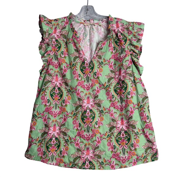 Soft Surroundings Tops - Soft Surroundings Paige Linen Blend Top Womens M Green Floral Ruffle Boho Beach